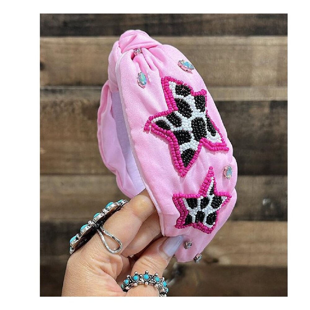 Pink Western Boho Cow Print Star & Crystals Cowgirl Seed Beaded Headband NEW